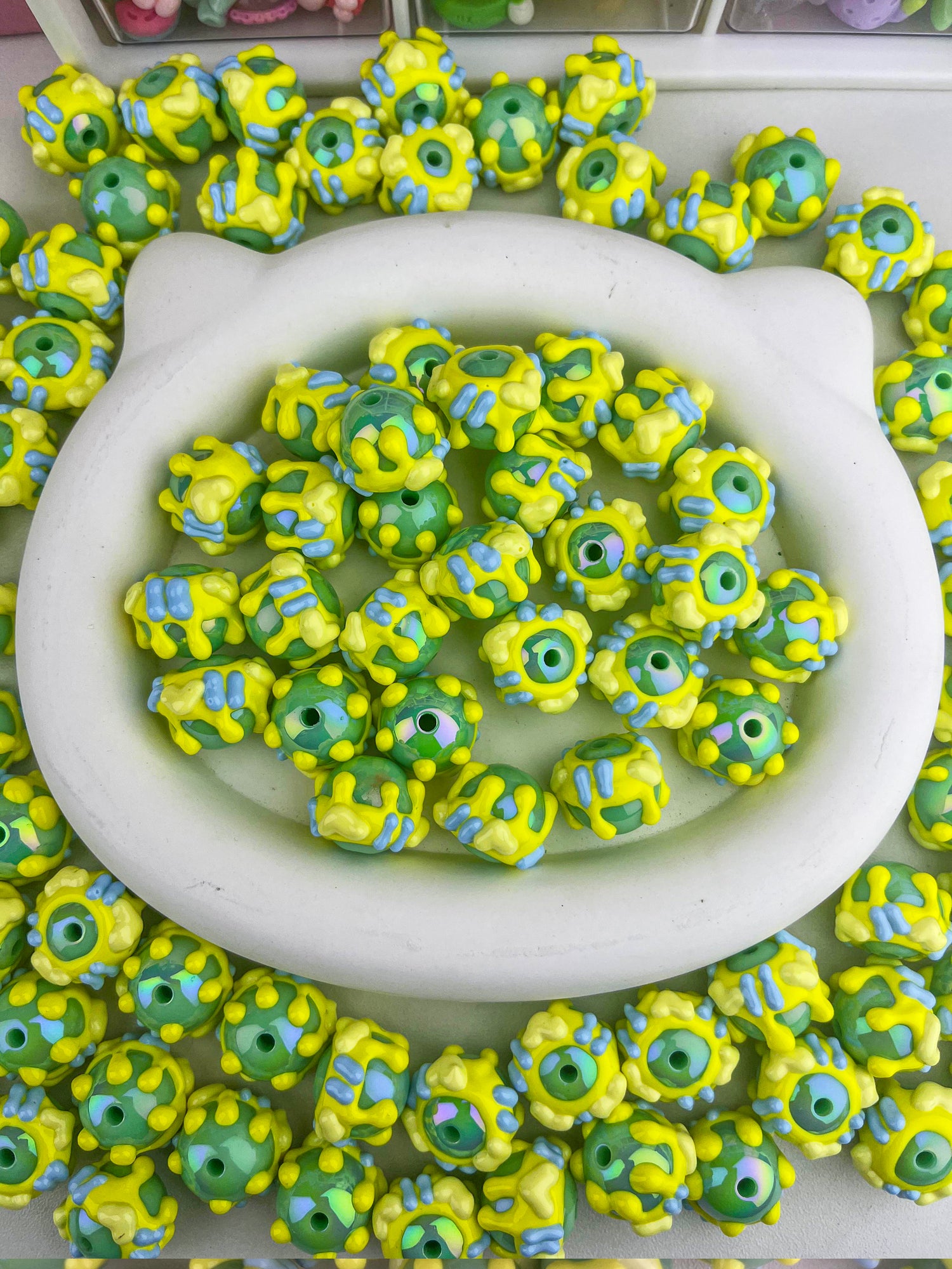 Green and yellow hand painted beads